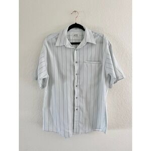 Status Button Down Shirt Mens L Light Blue Vintage Short Sleeve Striped Pocket